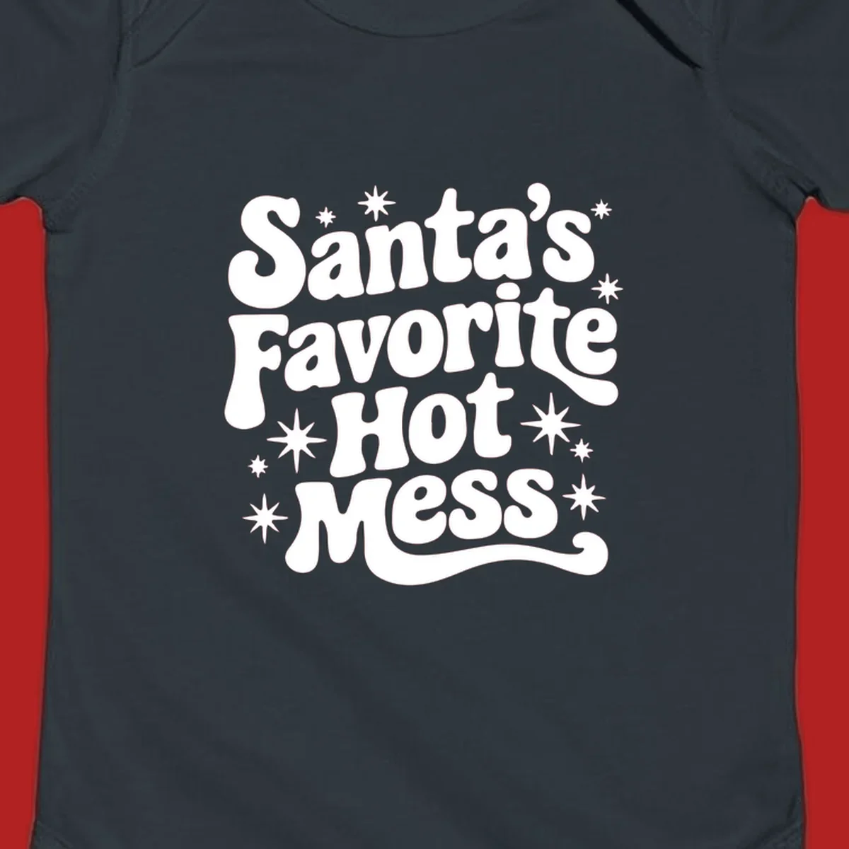 Santa's Favorite Hot Mess text with stars, retro Christmas design.