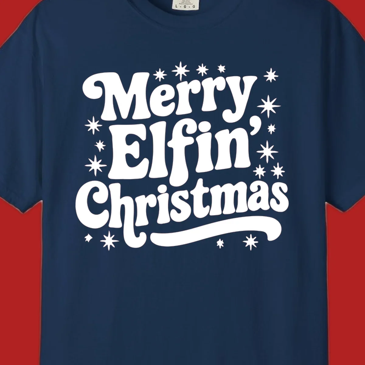 Merry Elfin Christmas groovy text design with stars.