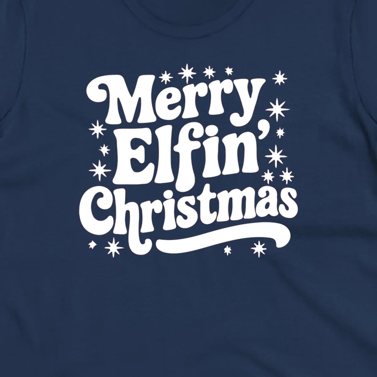 Merry Elfin Christmas groovy text design with stars.