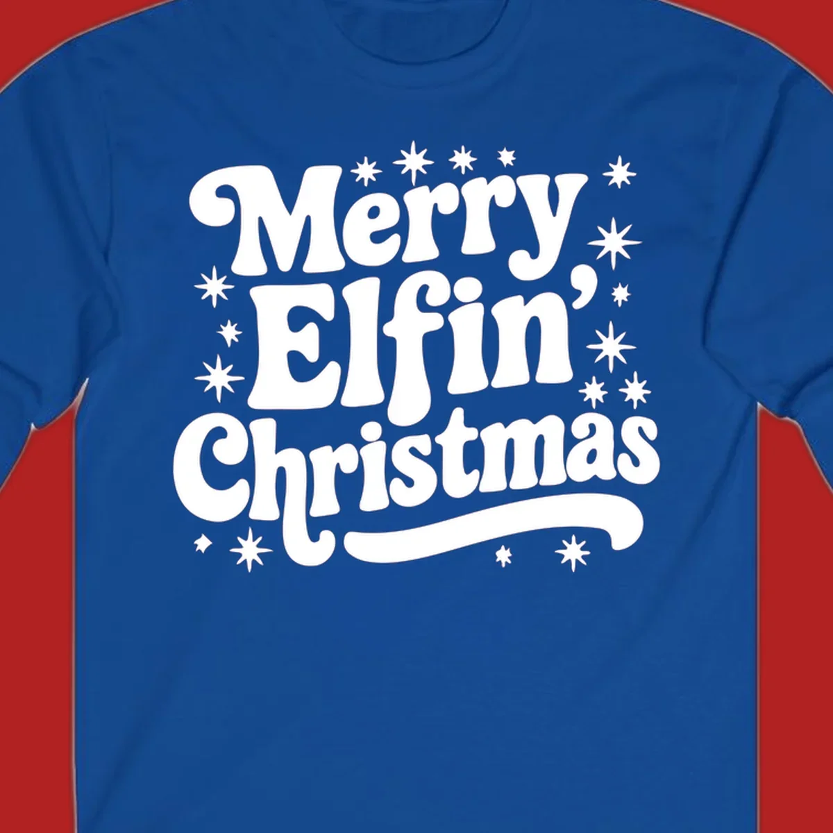 Merry Elfin Christmas groovy text design with stars.