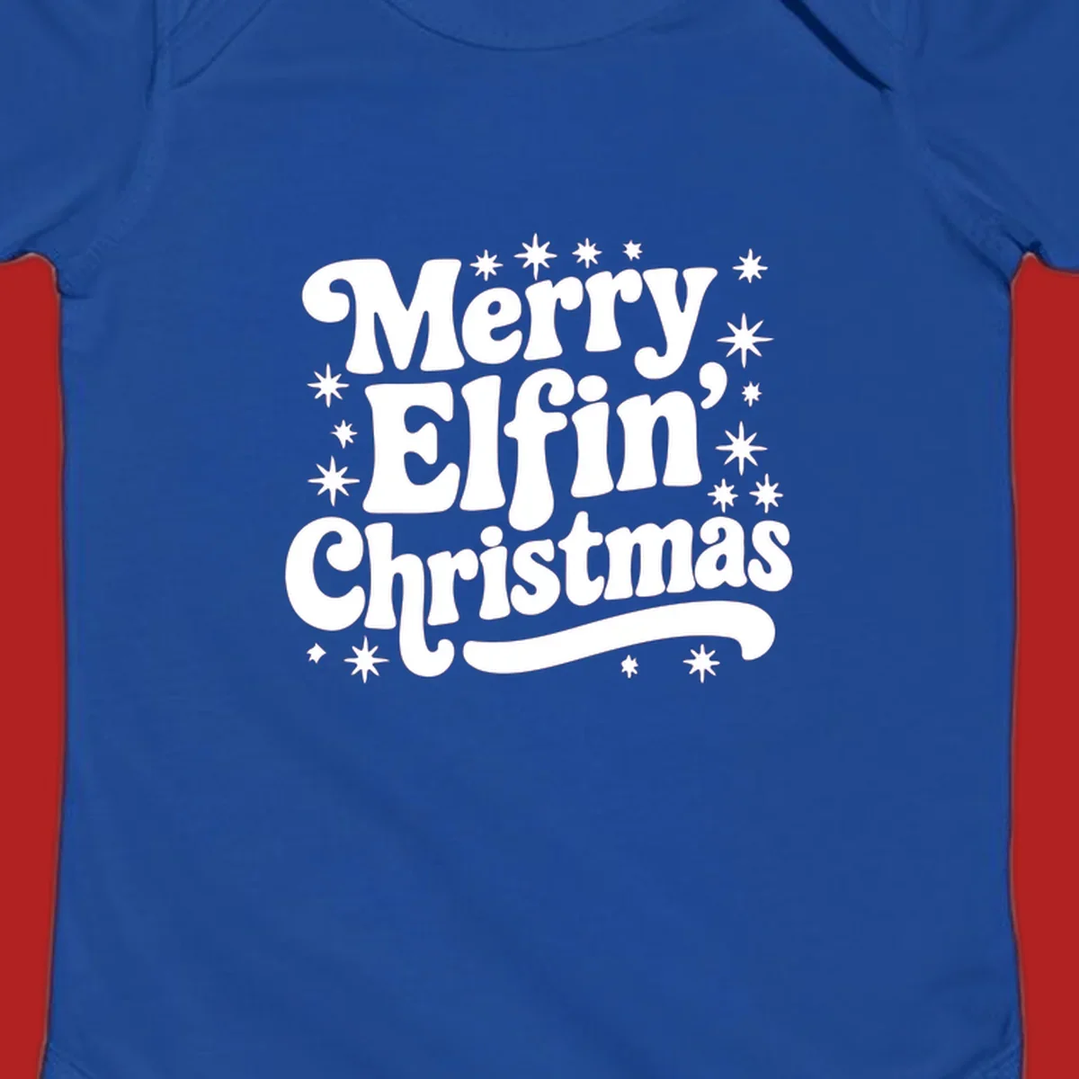 Merry Elfin Christmas groovy text design with stars.