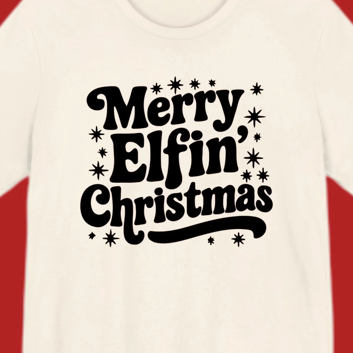 Merry Elfin Christmas groovy text design with stars.