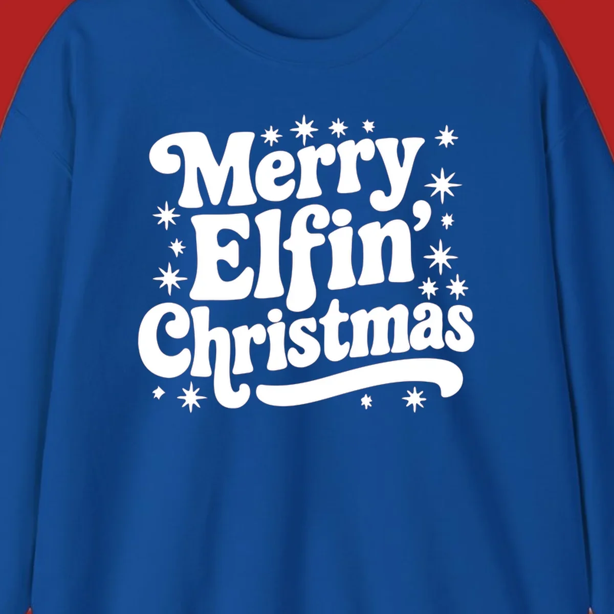 Merry Elfin Christmas groovy text design with stars.