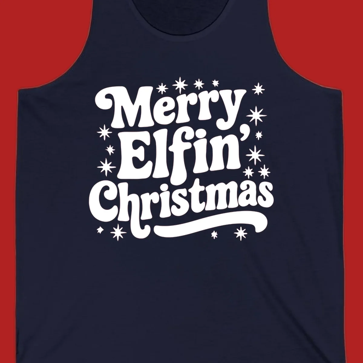 Merry Elfin Christmas groovy text design with stars.