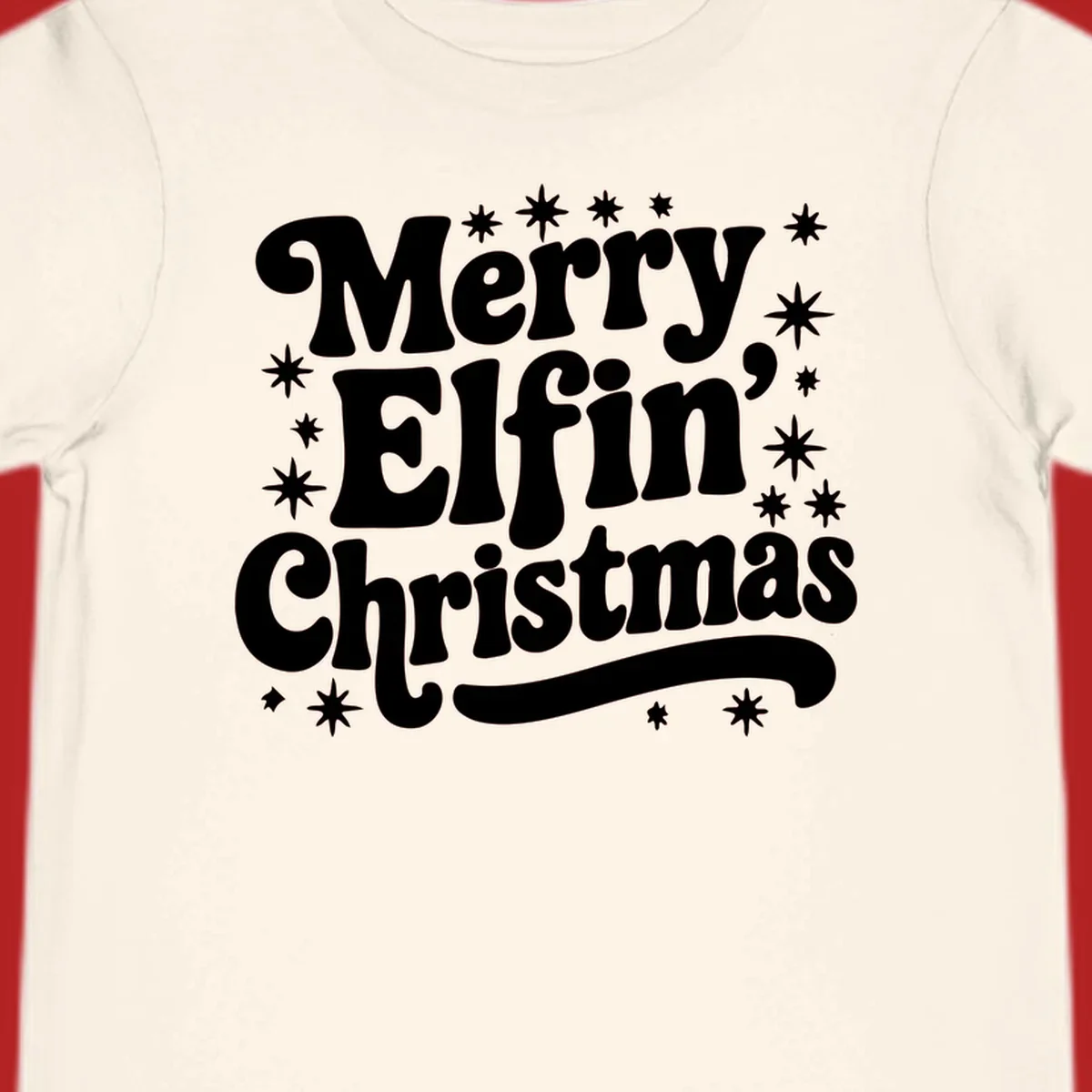 Merry Elfin Christmas groovy text design with stars.