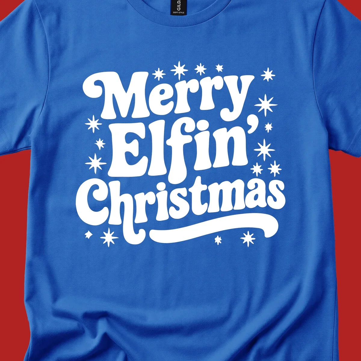 Merry Elfin Christmas groovy text design with stars.
