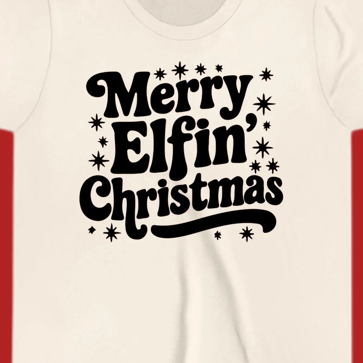 Merry Elfin Christmas groovy text design with stars.