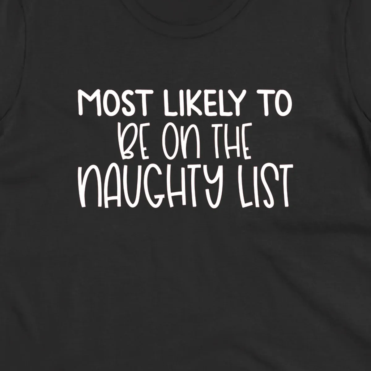 White text on black background reading 'MOST LIKELY TO BE ON THE NAUGHTY LIST', for the naughty list Christmas concept.