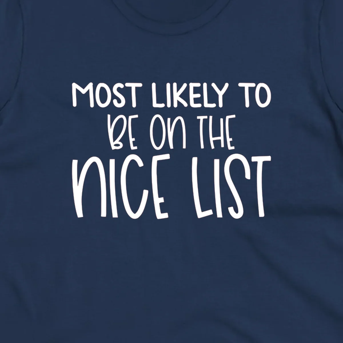 Text design 'Most Likely To Be On The Nice List' in white, celebrating Christmas.