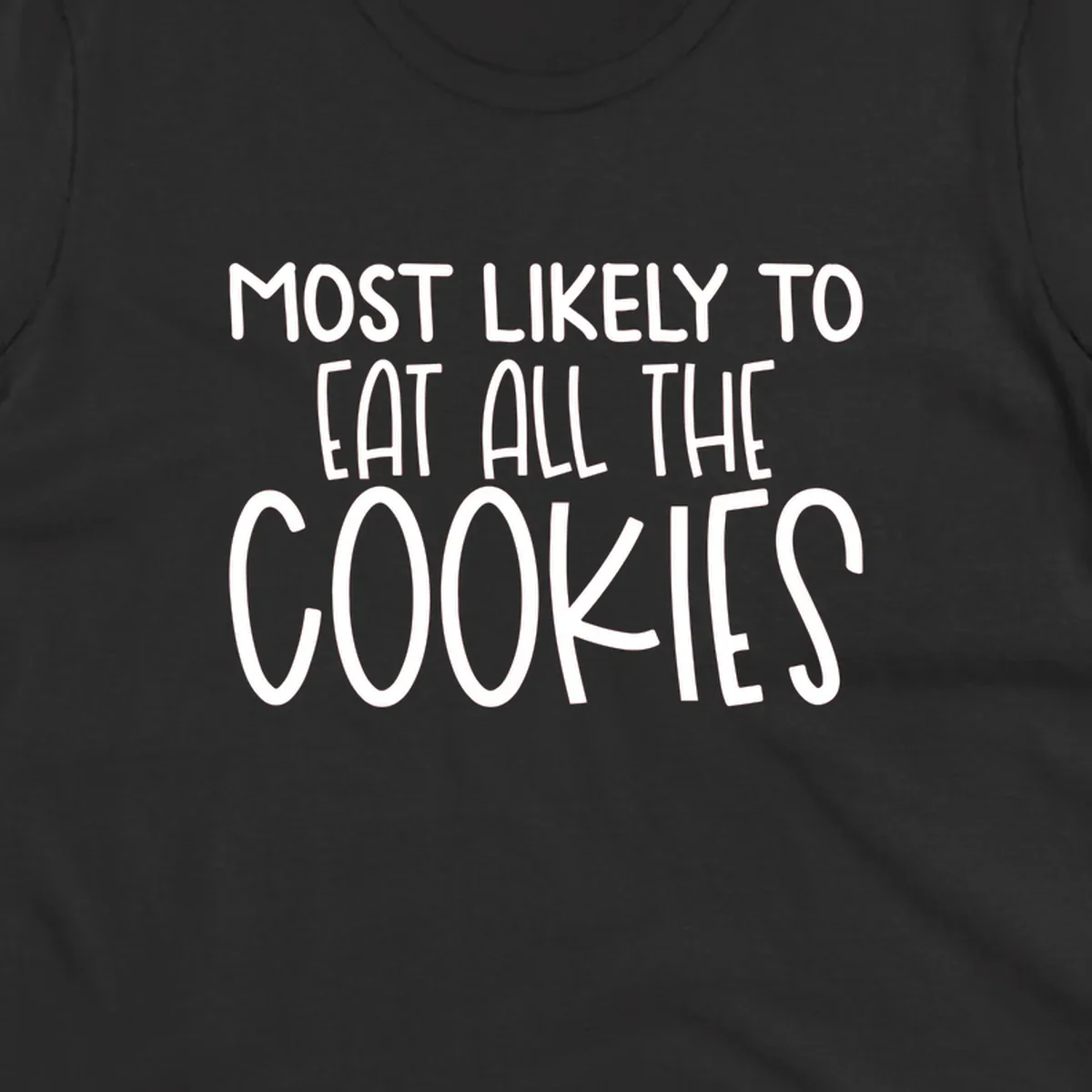 White text 'Most Likely To Eat All The Cookies' on a black background. typography