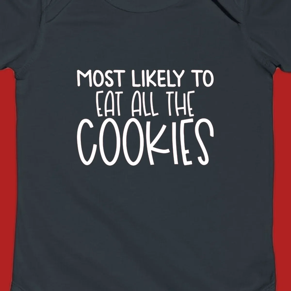 White text 'Most Likely To Eat All The Cookies' on a black background. typography