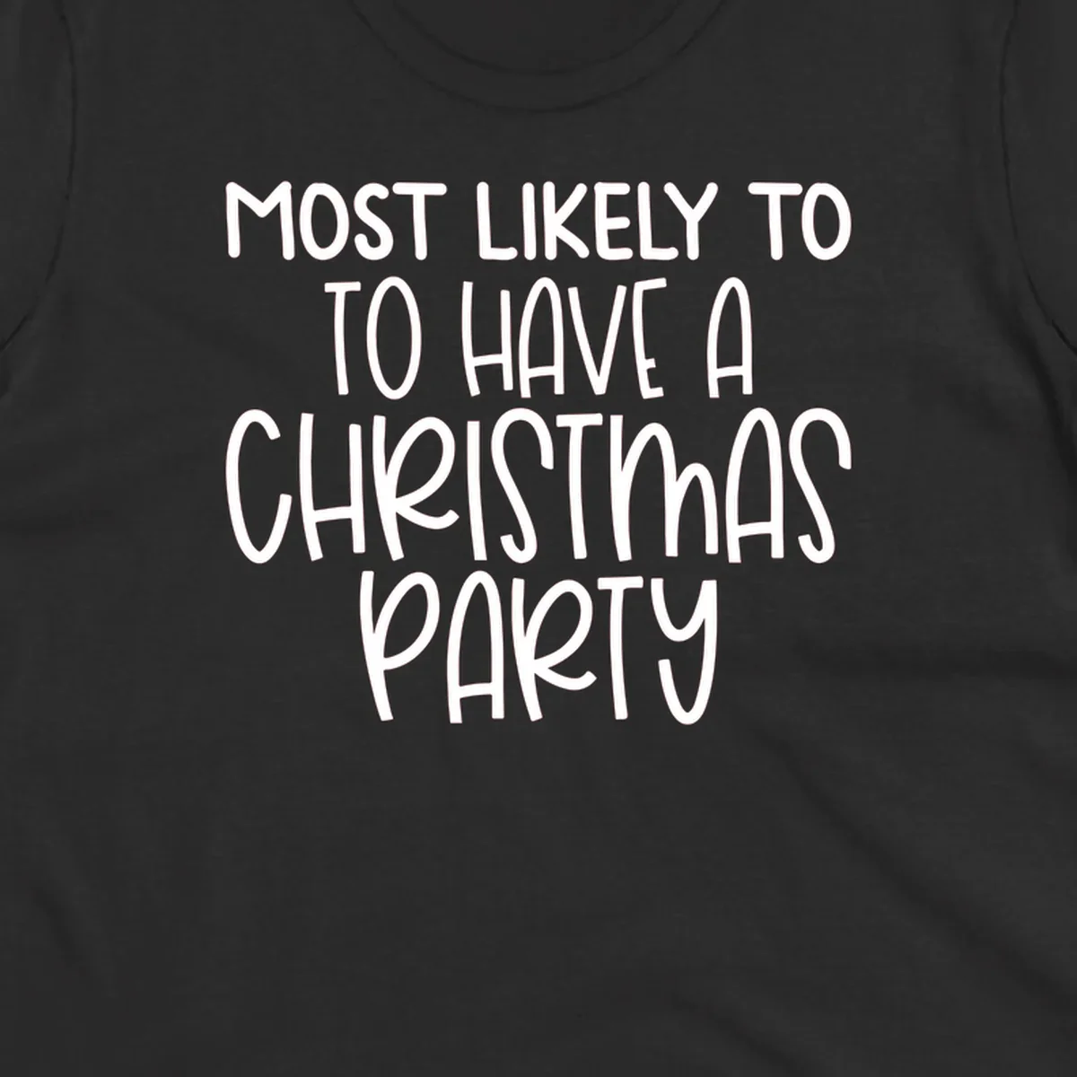 White text design saying 'Most Likely To Have A Christmas Party' on a black background, for Christmas party planner shirts.