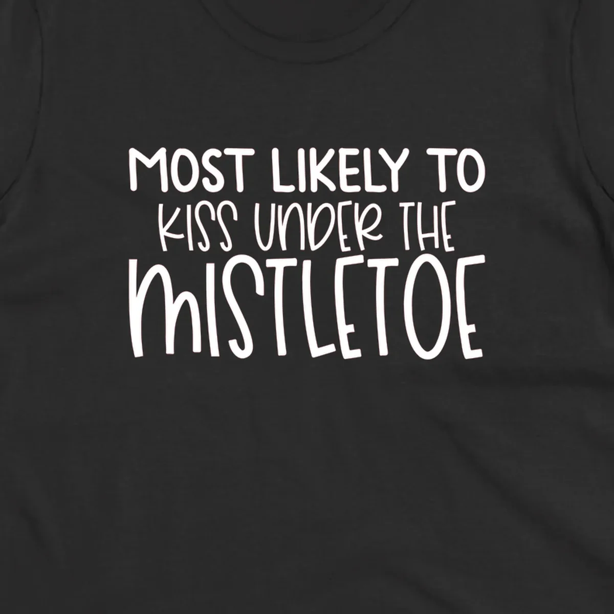 Typography design with the phrase 'Most Likely To Kiss Under Mistletoe' in white.