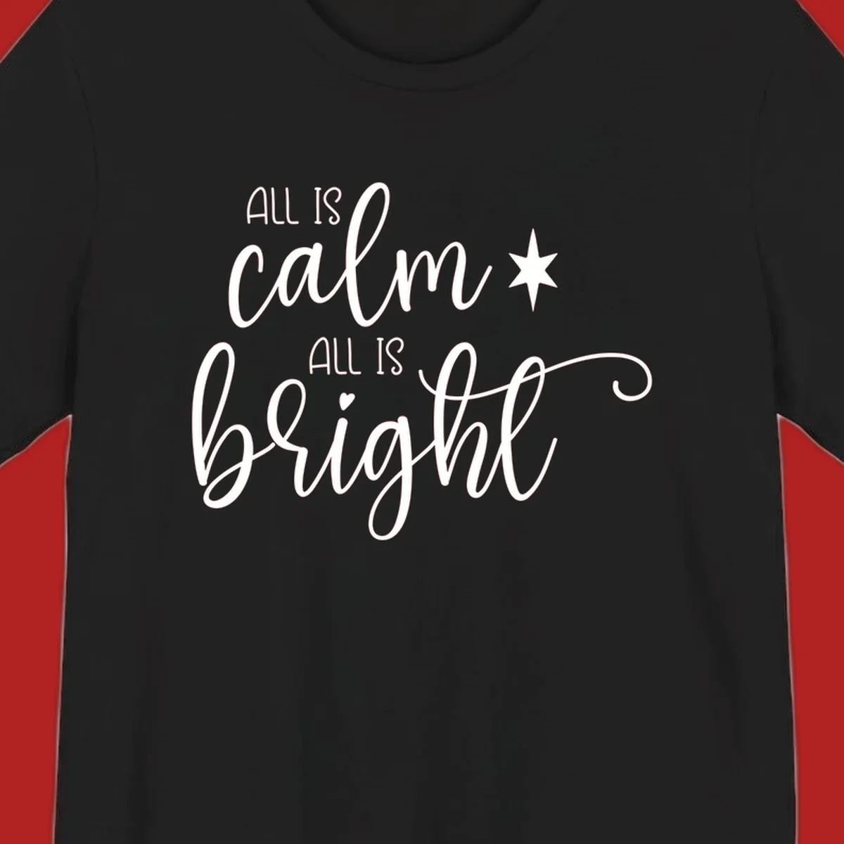 Elegant white script text 'All Is Calm All Is Bright' with star and heart, holiday design.