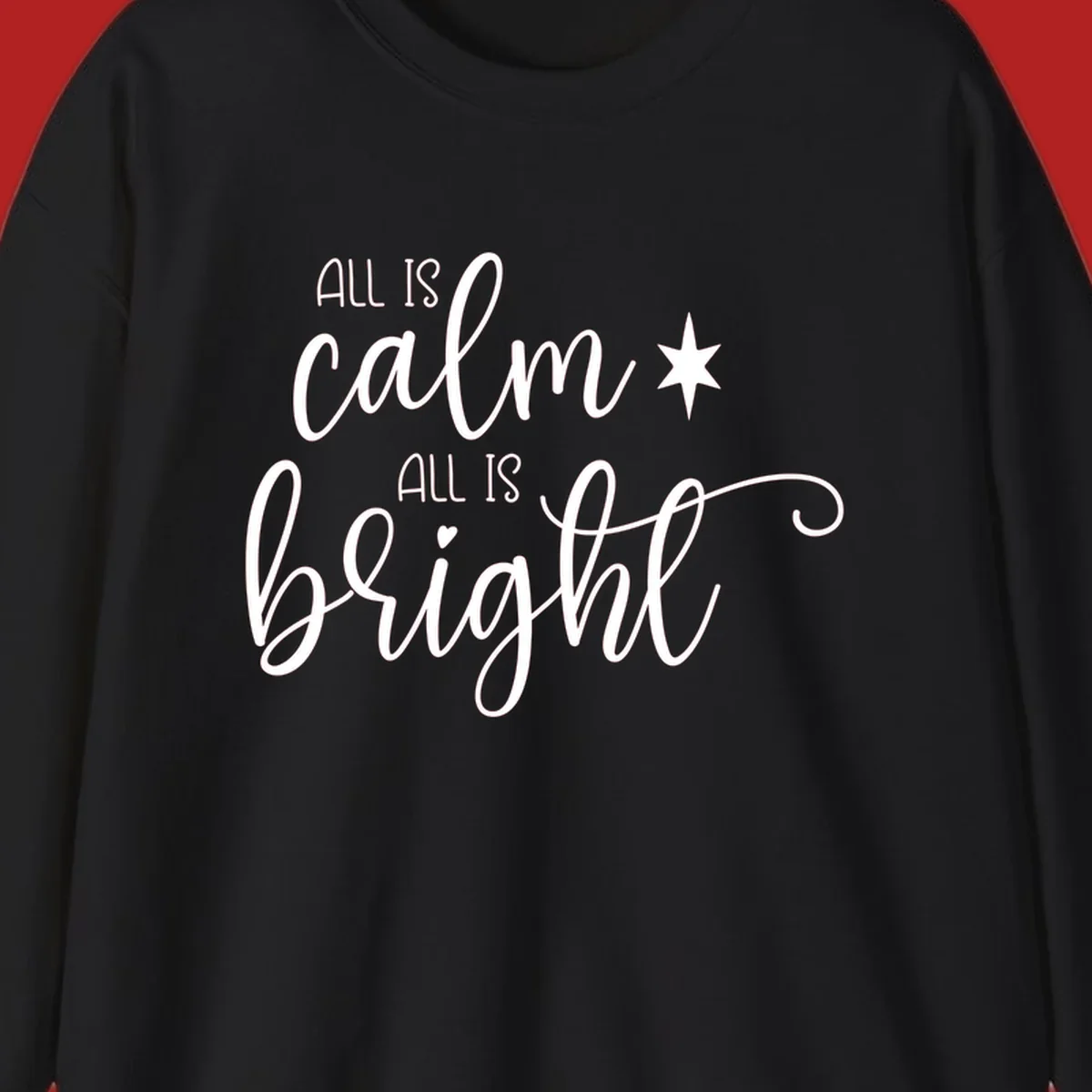 Elegant white script text 'All Is Calm All Is Bright' with star and heart, holiday design.
