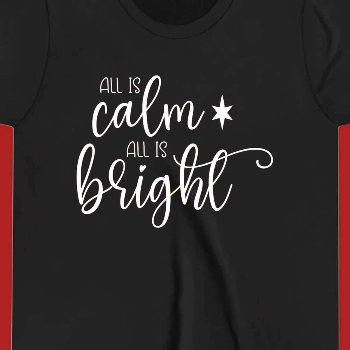 Elegant white script text 'All Is Calm All Is Bright' with star and heart, holiday design.