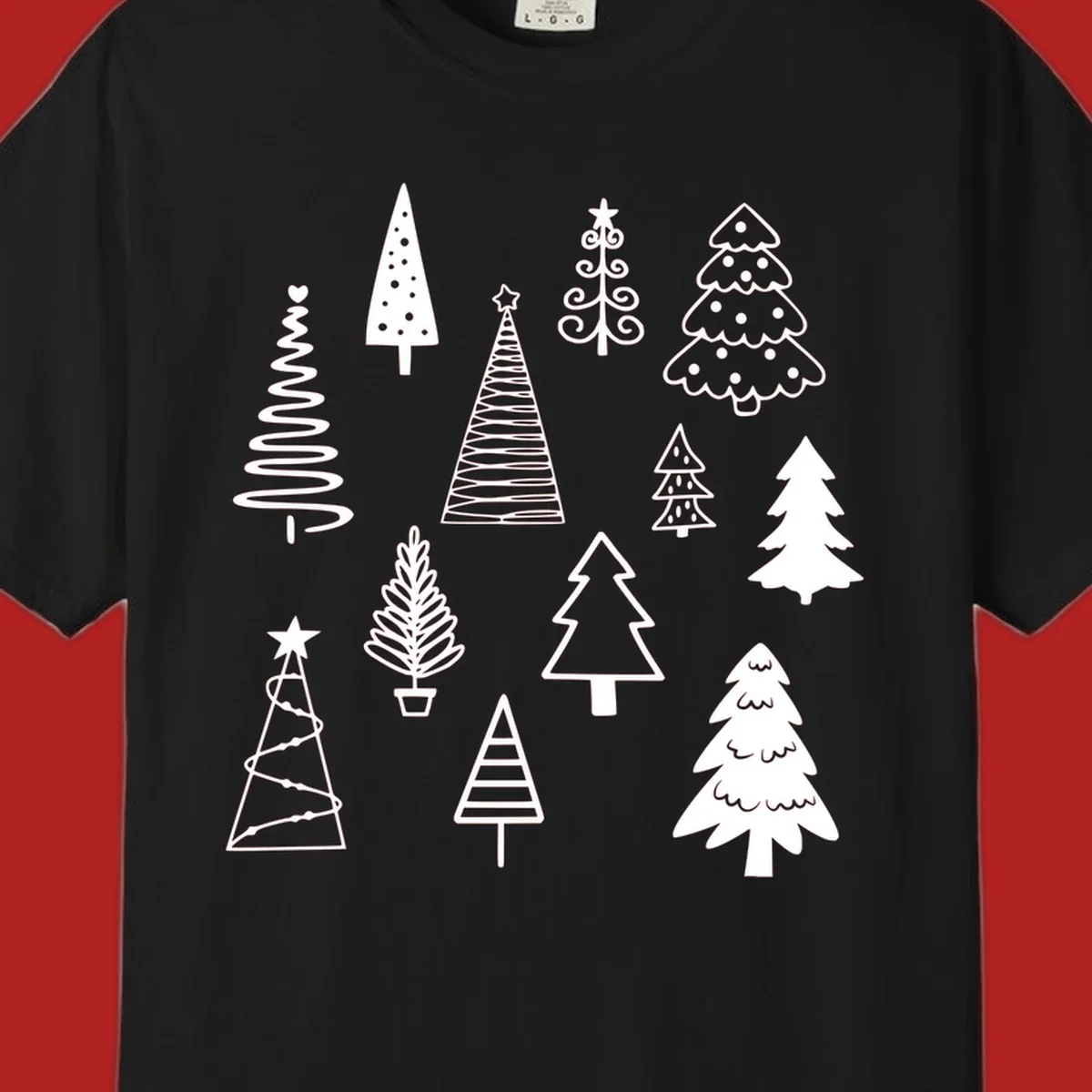 Whimsical Christmas tree collection illustration in white on black.