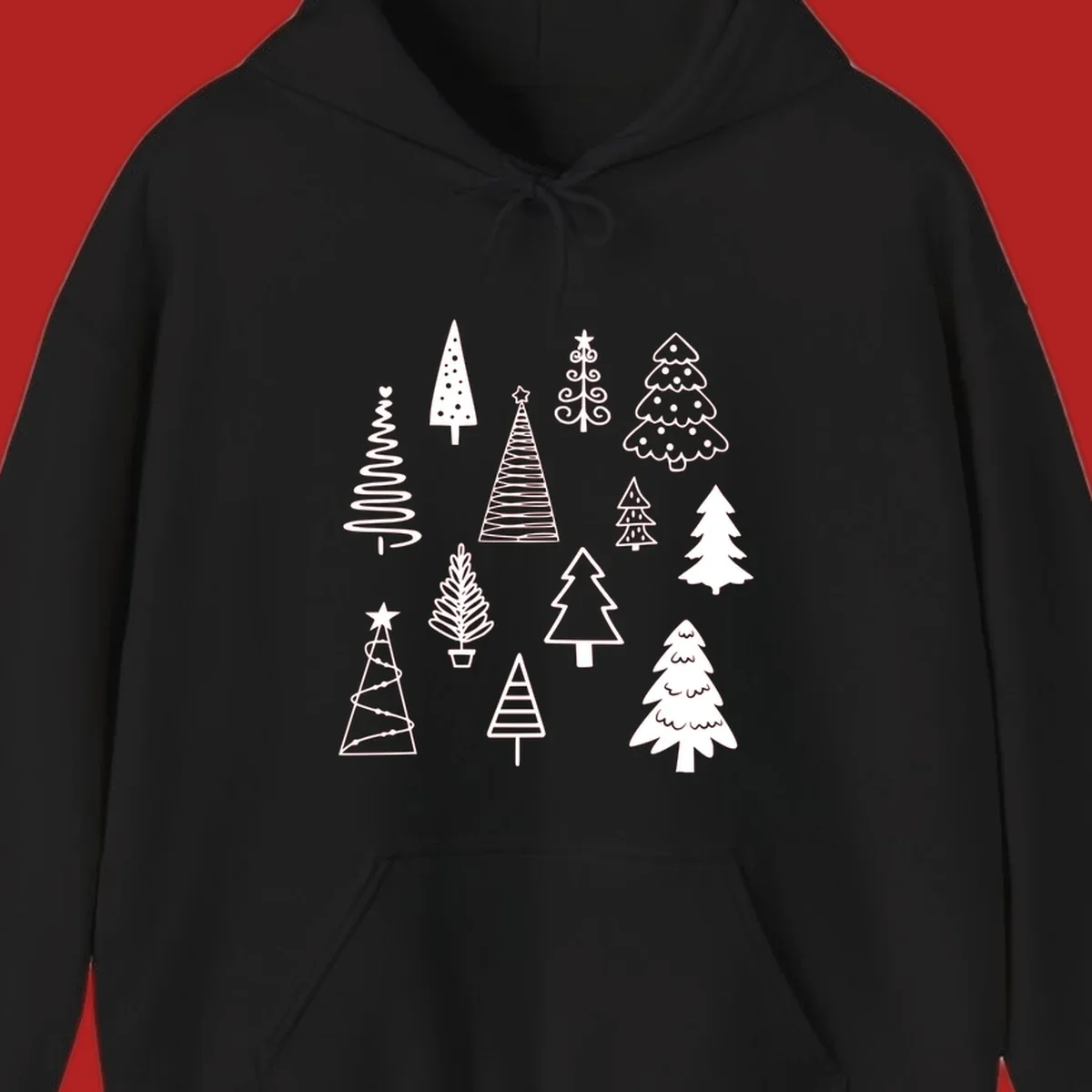 Whimsical Christmas tree collection illustration in white on black.