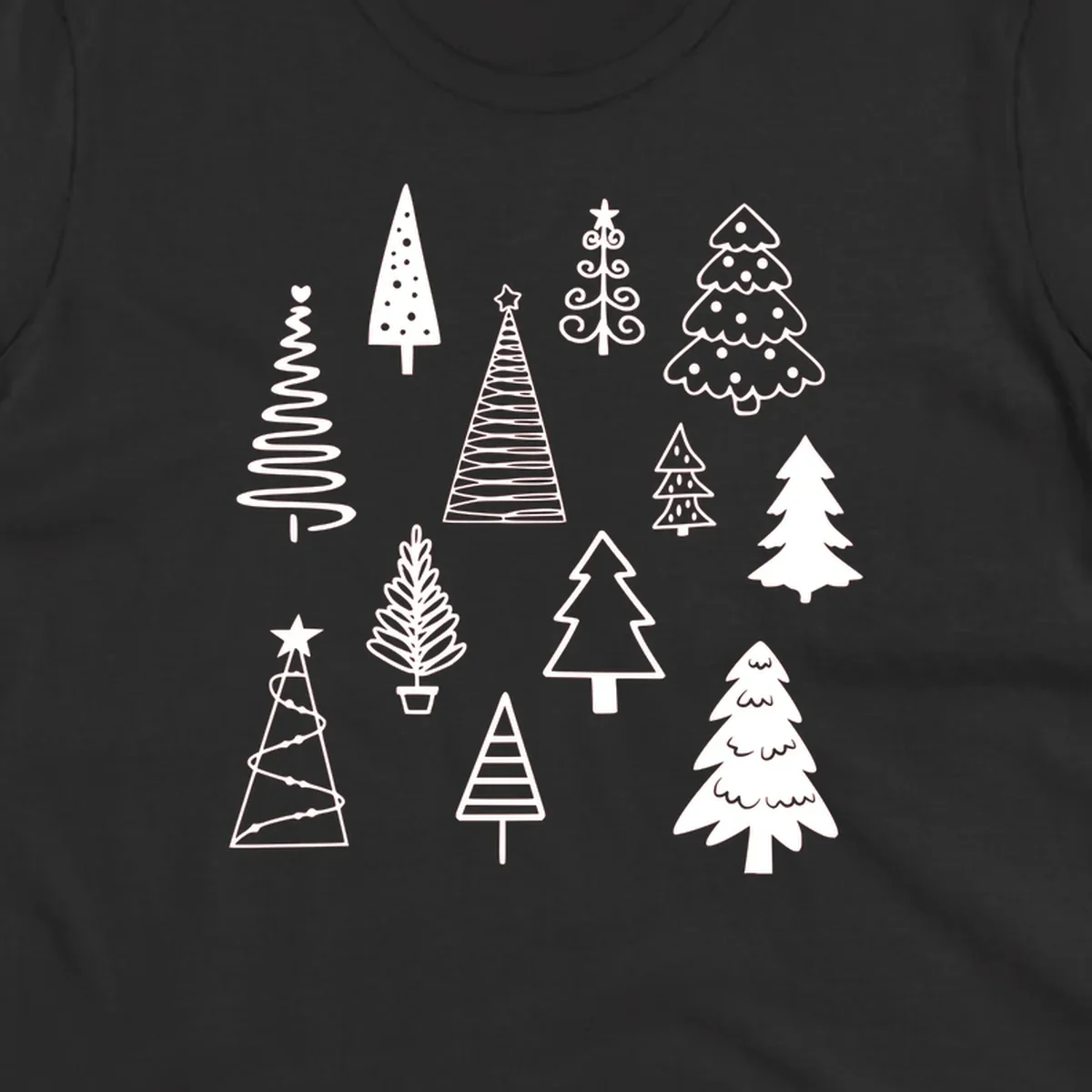 Whimsical Christmas tree collection illustration in white on black.