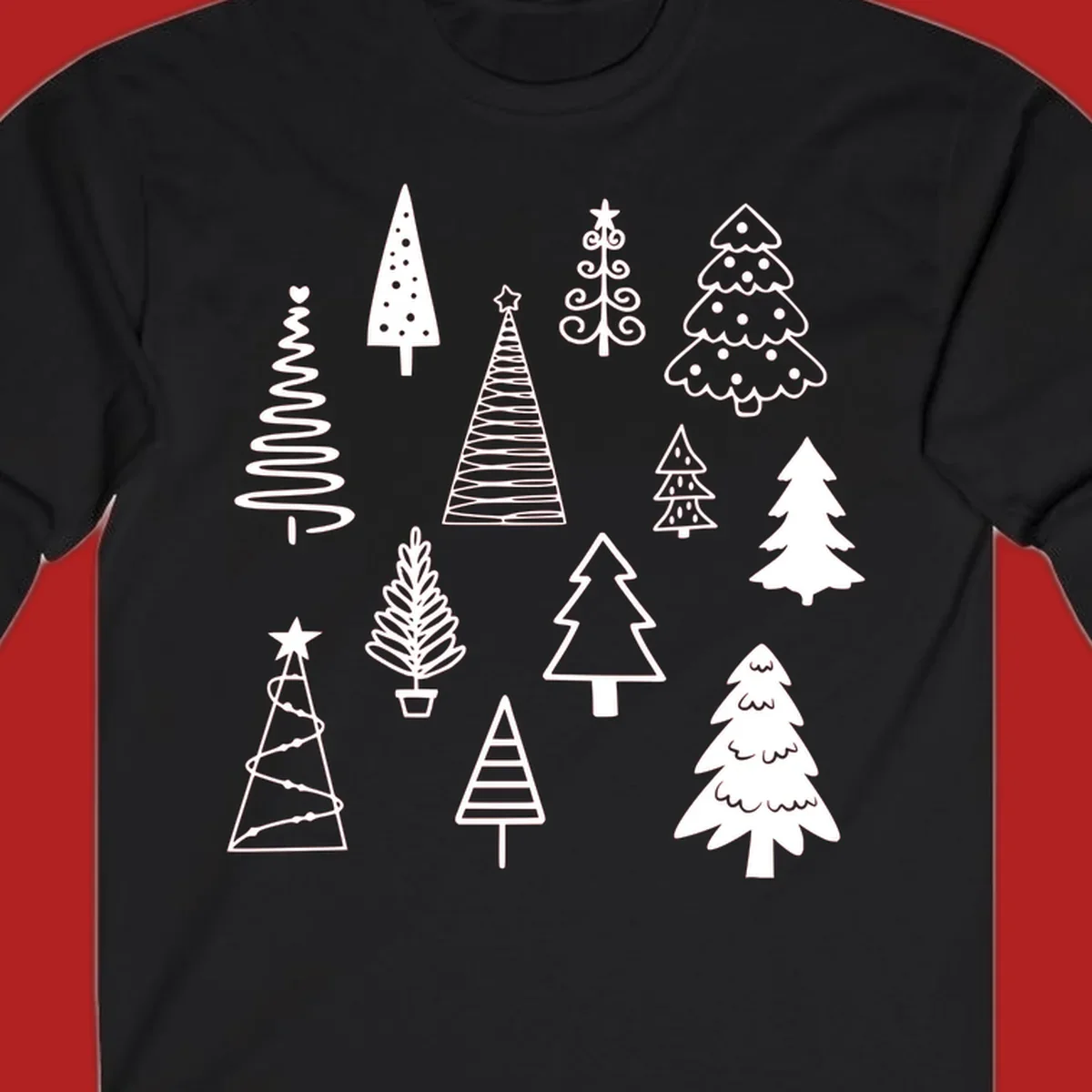 Whimsical Christmas tree collection illustration in white on black.