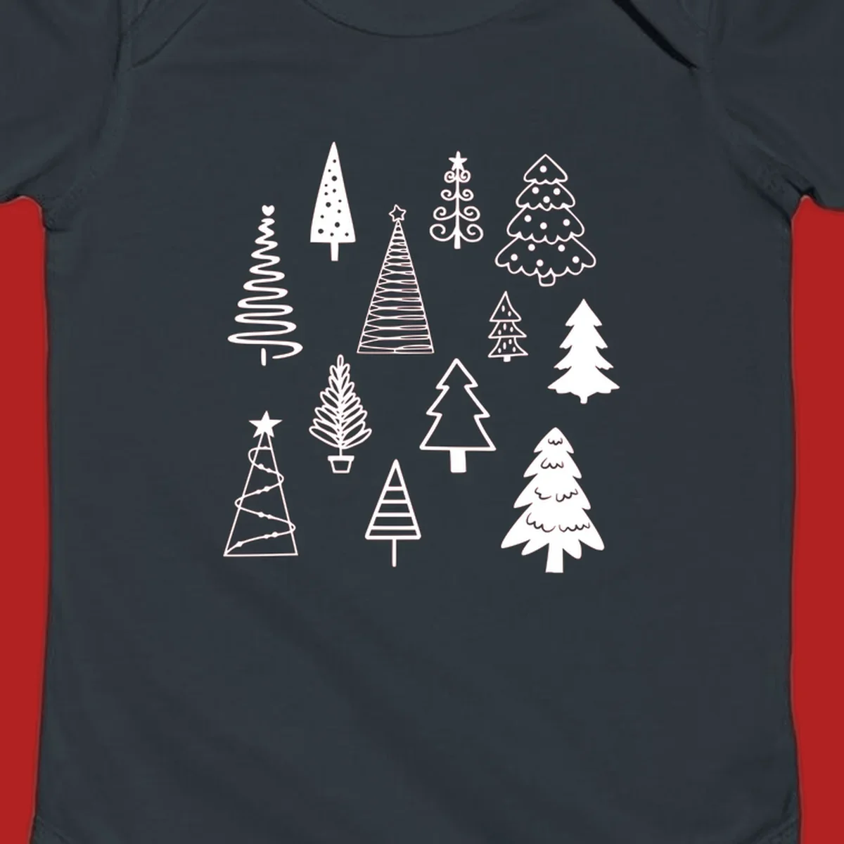 Whimsical Christmas tree collection illustration in white on black.