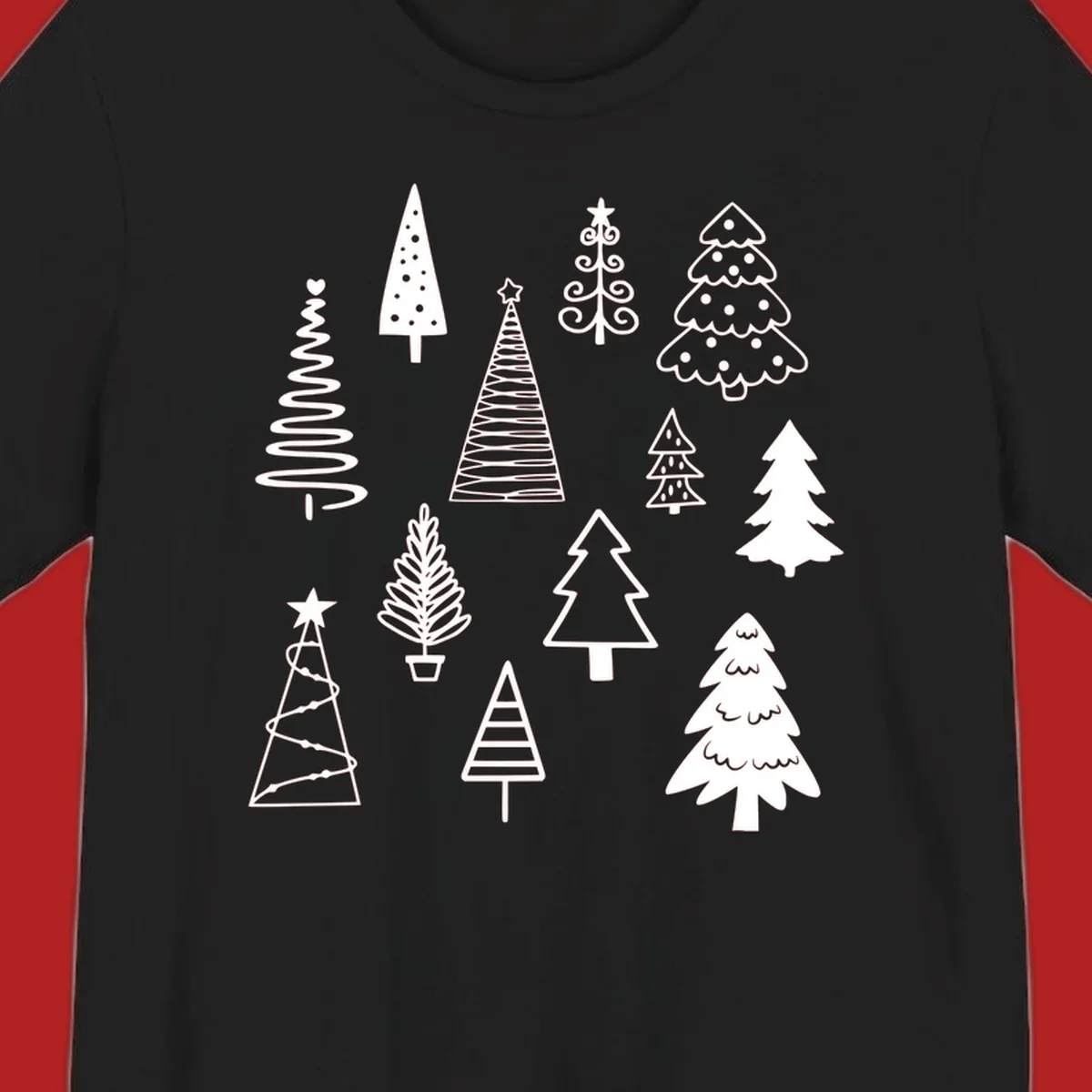 Whimsical Christmas tree collection illustration in white on black.
