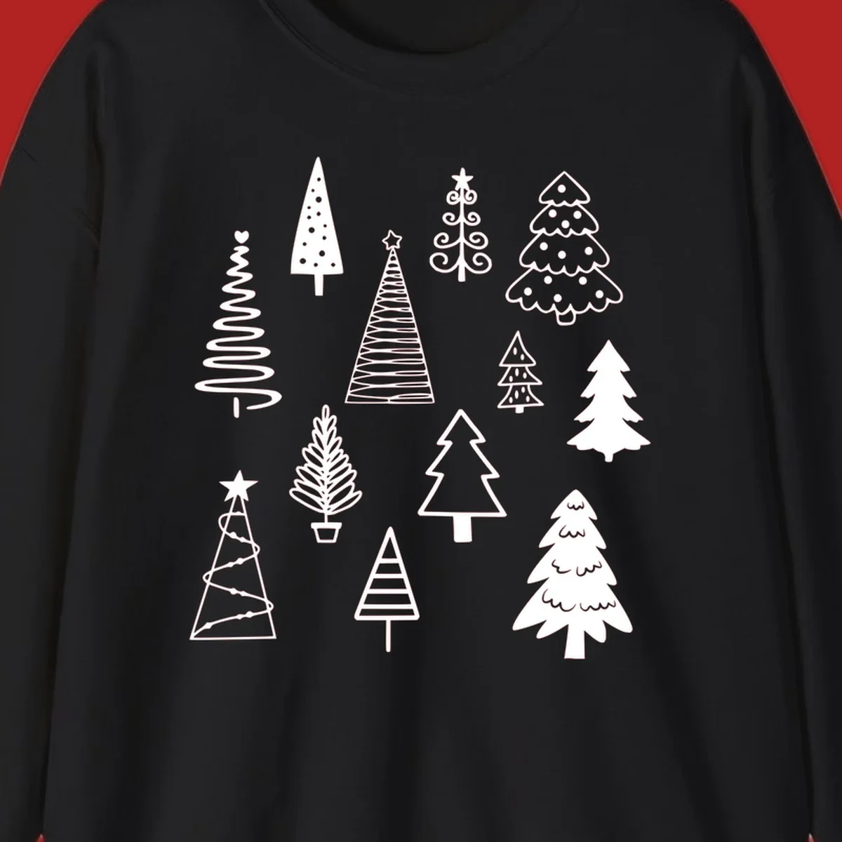 Whimsical Christmas tree collection illustration in white on black.