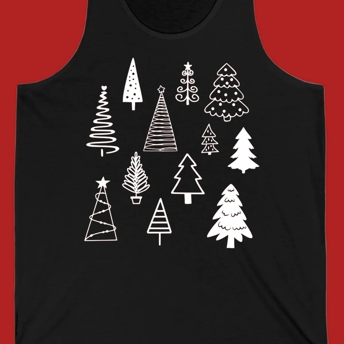 Whimsical Christmas tree collection illustration in white on black.