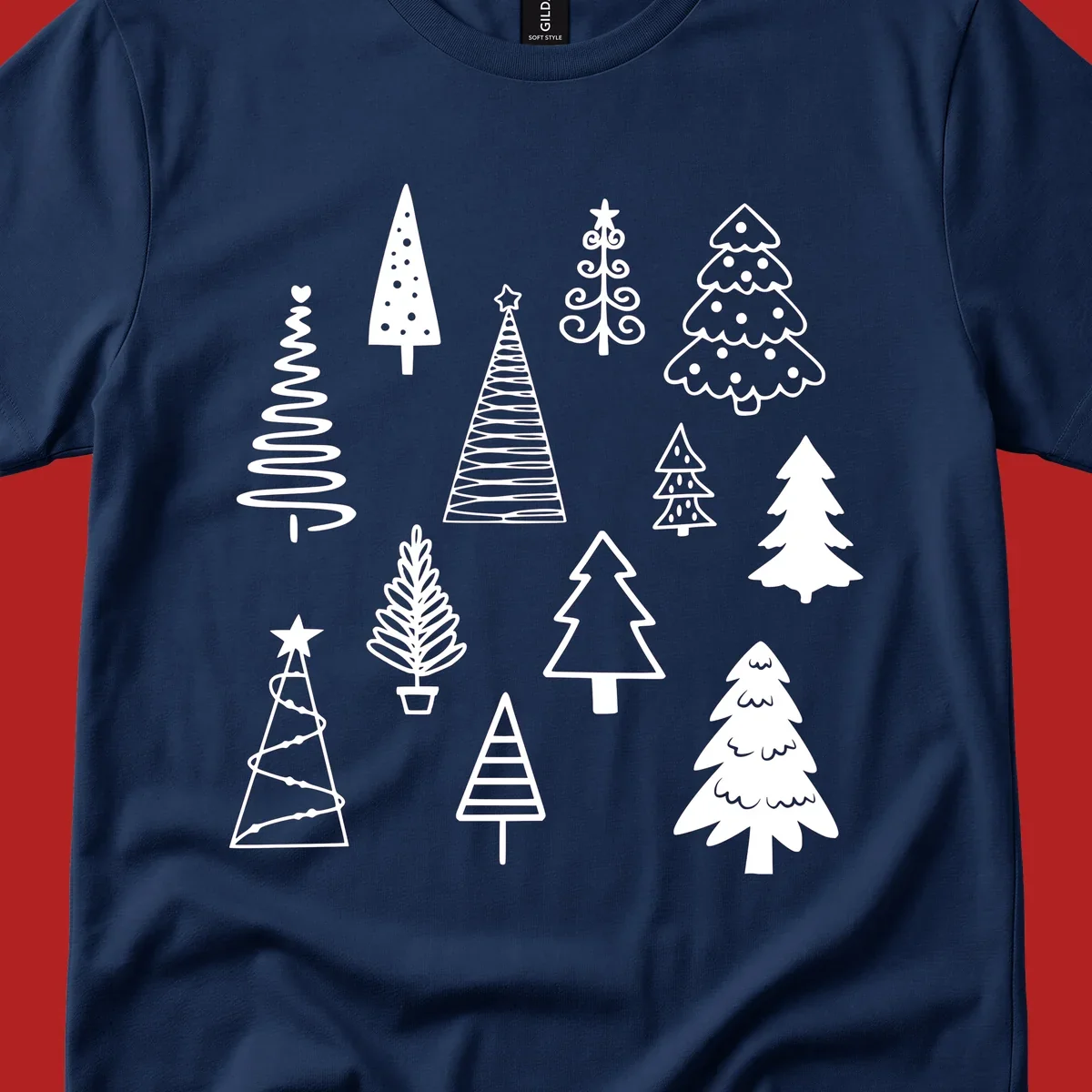 Whimsical Christmas tree collection illustration in white on black.