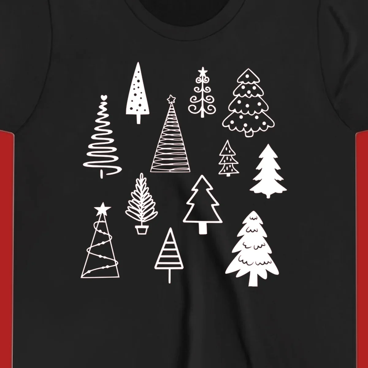 Whimsical Christmas tree collection illustration in white on black.