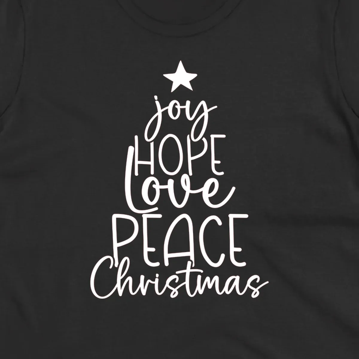 Christmas tree made of words joy, hope, love, peace, and Christmas with a star on top.