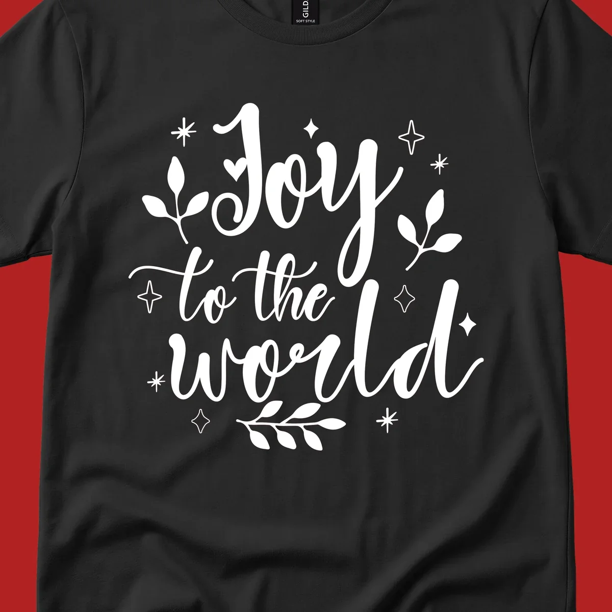 Joy to the world Christmas lettering with stars and leaves.