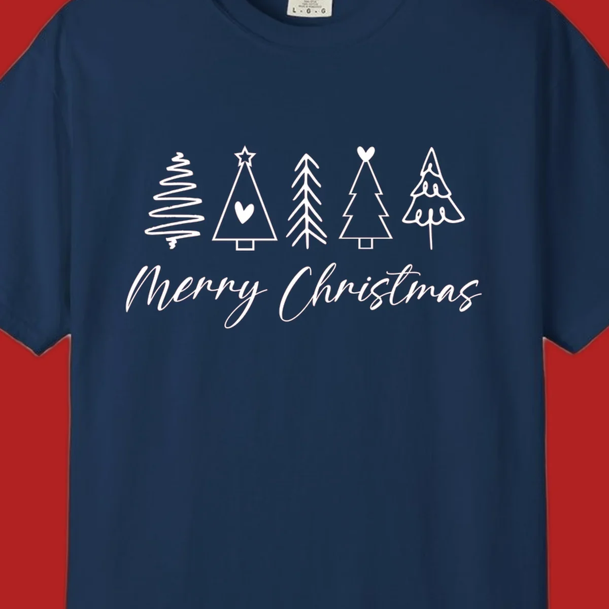 Merry Christmas text with five white hand-drawn Christmas trees on a black background.