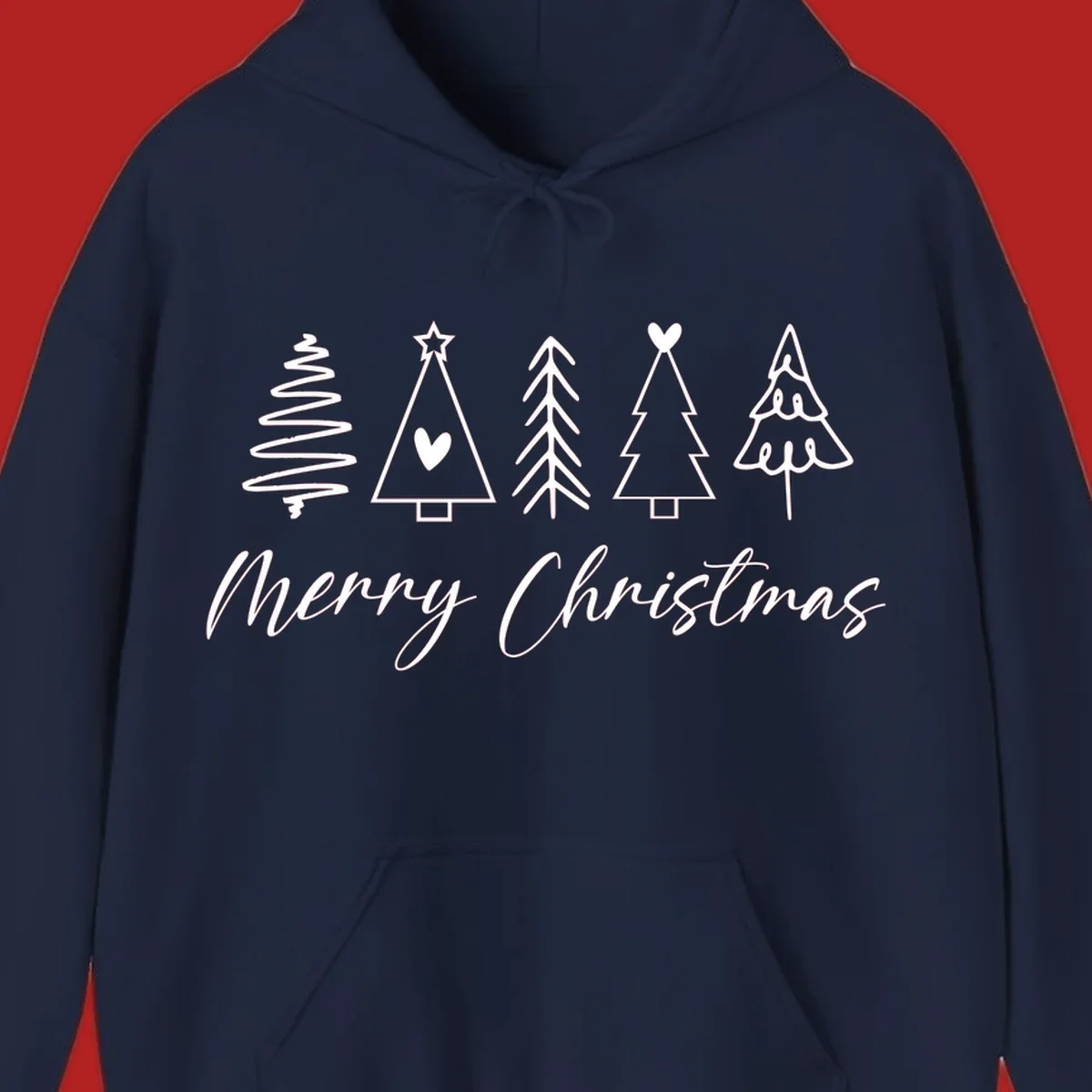 Merry Christmas text with five white hand-drawn Christmas trees on a black background.