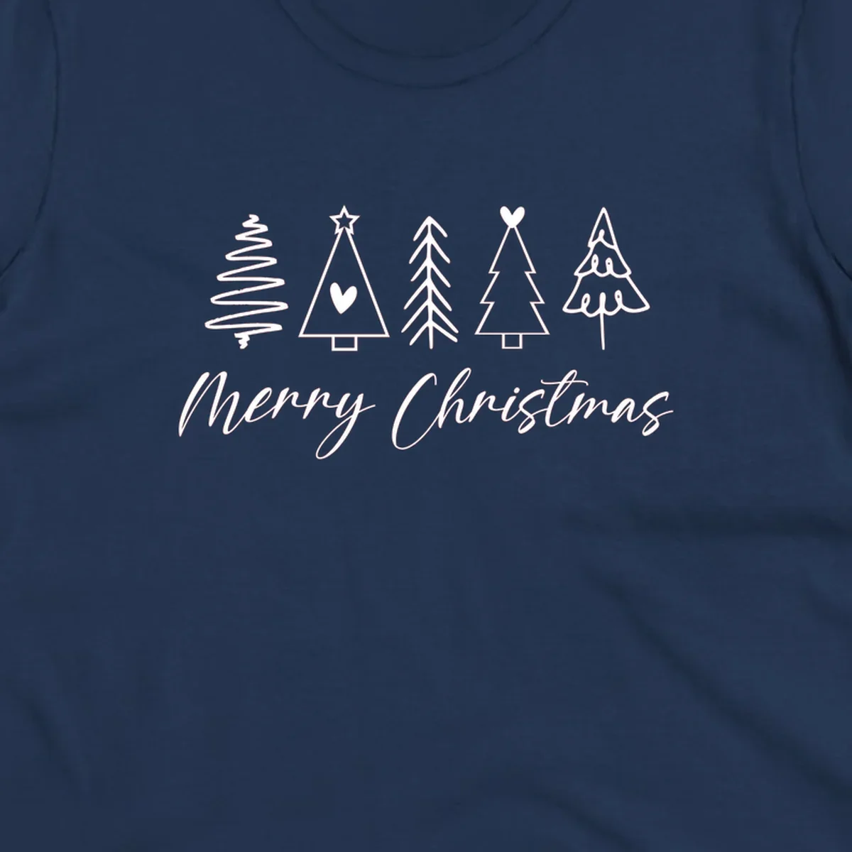 Merry Christmas text with five white hand-drawn Christmas trees on a black background.