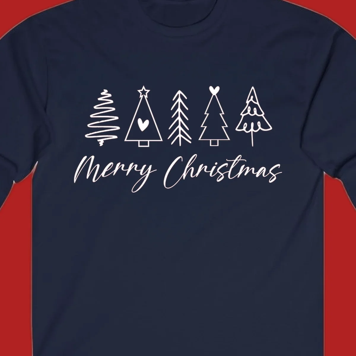 Merry Christmas text with five white hand-drawn Christmas trees on a black background.