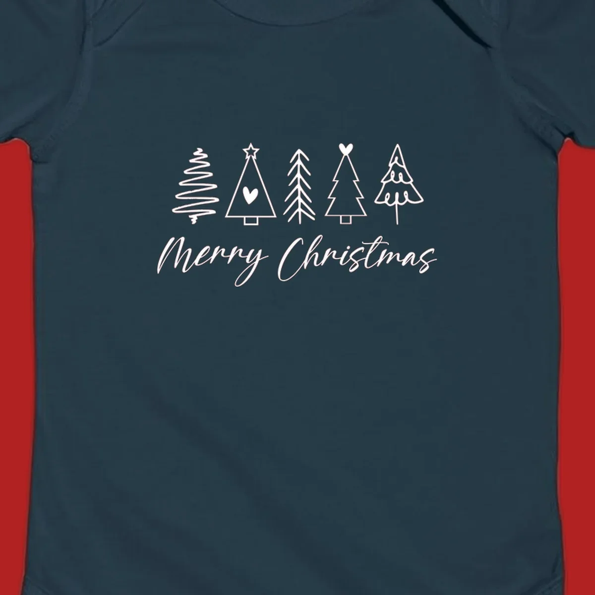 Merry Christmas text with five white hand-drawn Christmas trees on a black background.