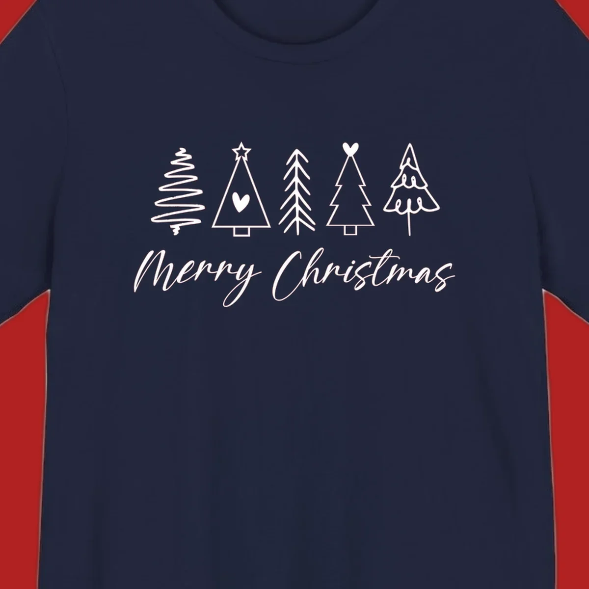 Merry Christmas text with five white hand-drawn Christmas trees on a black background.