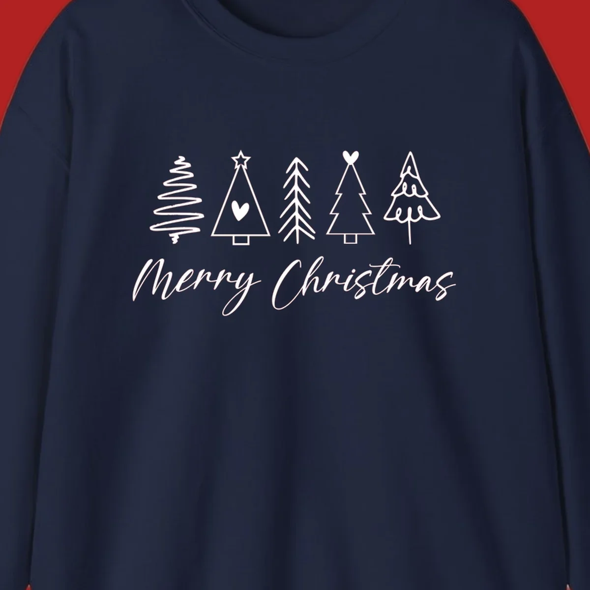 Merry Christmas text with five white hand-drawn Christmas trees on a black background.