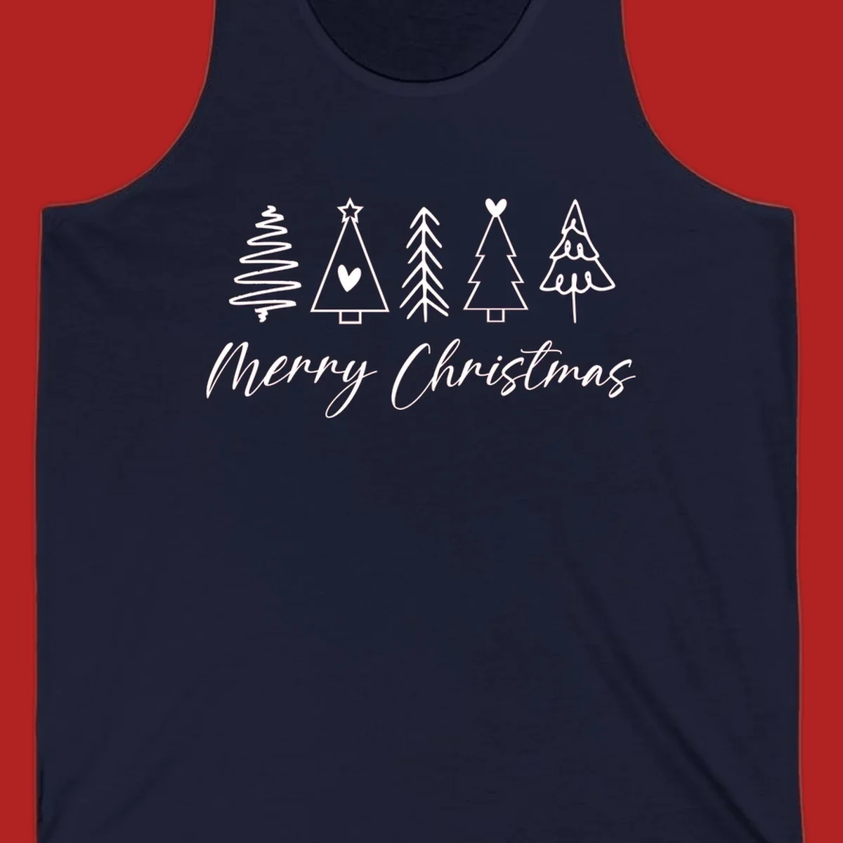 Merry Christmas text with five white hand-drawn Christmas trees on a black background.