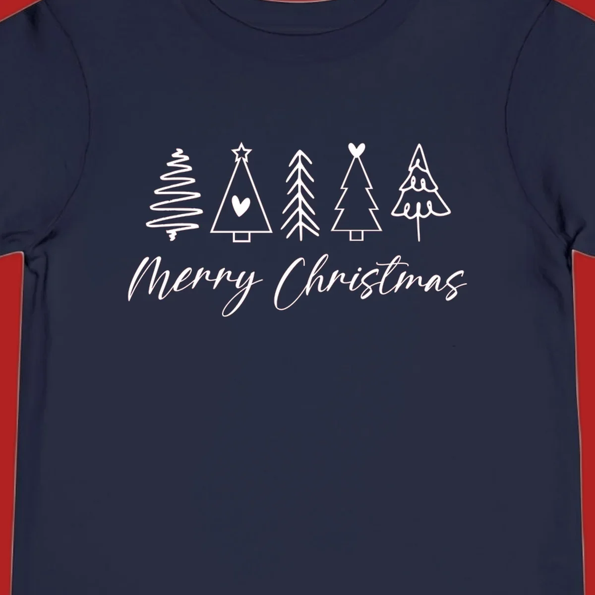Merry Christmas text with five white hand-drawn Christmas trees on a black background.