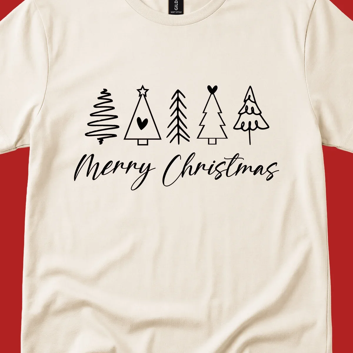 Merry Christmas text with five white hand-drawn Christmas trees on a black background.