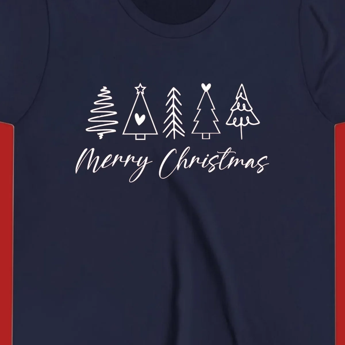 Merry Christmas text with five white hand-drawn Christmas trees on a black background.