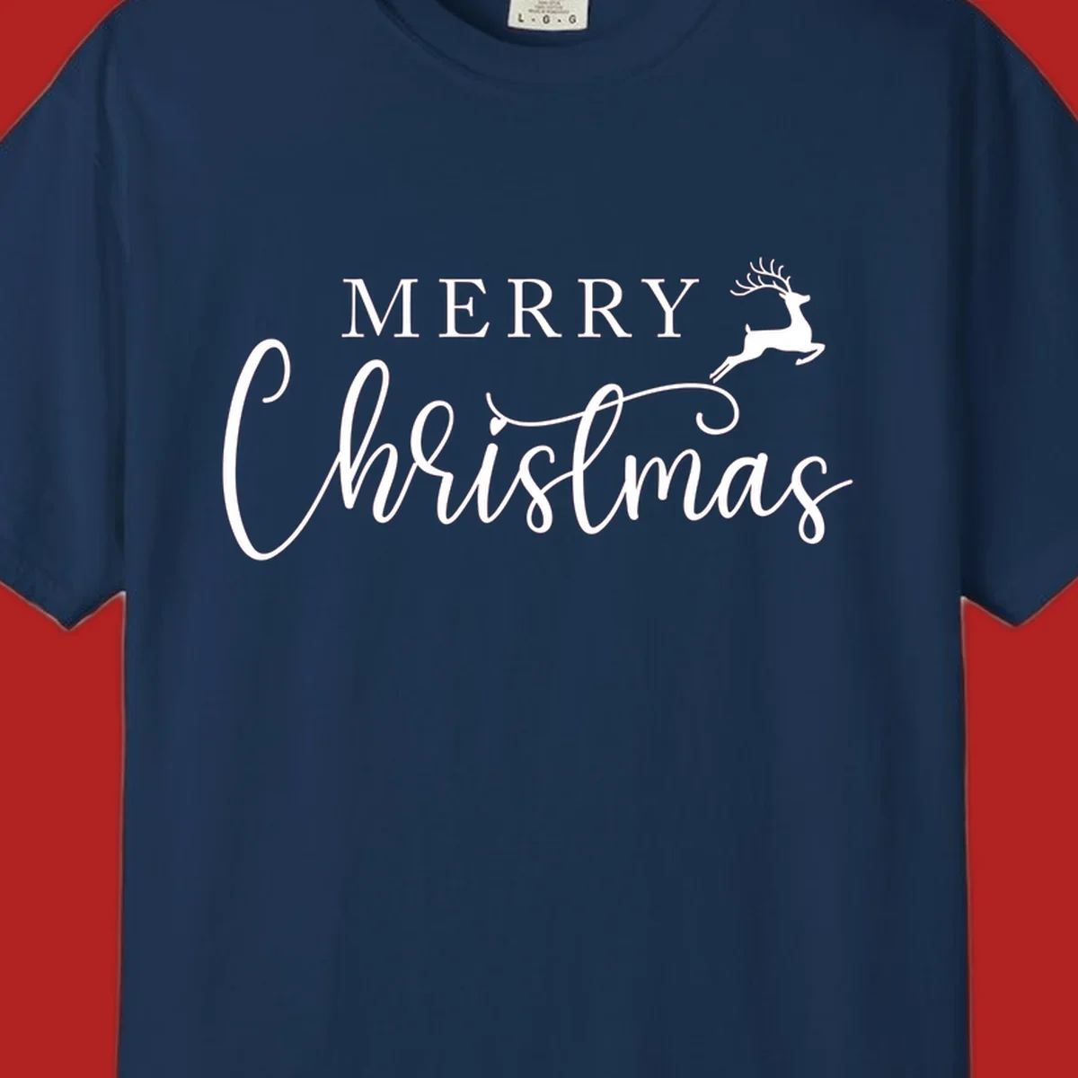 Merry Christmas text with a reindeer illustration, a festive holiday design.