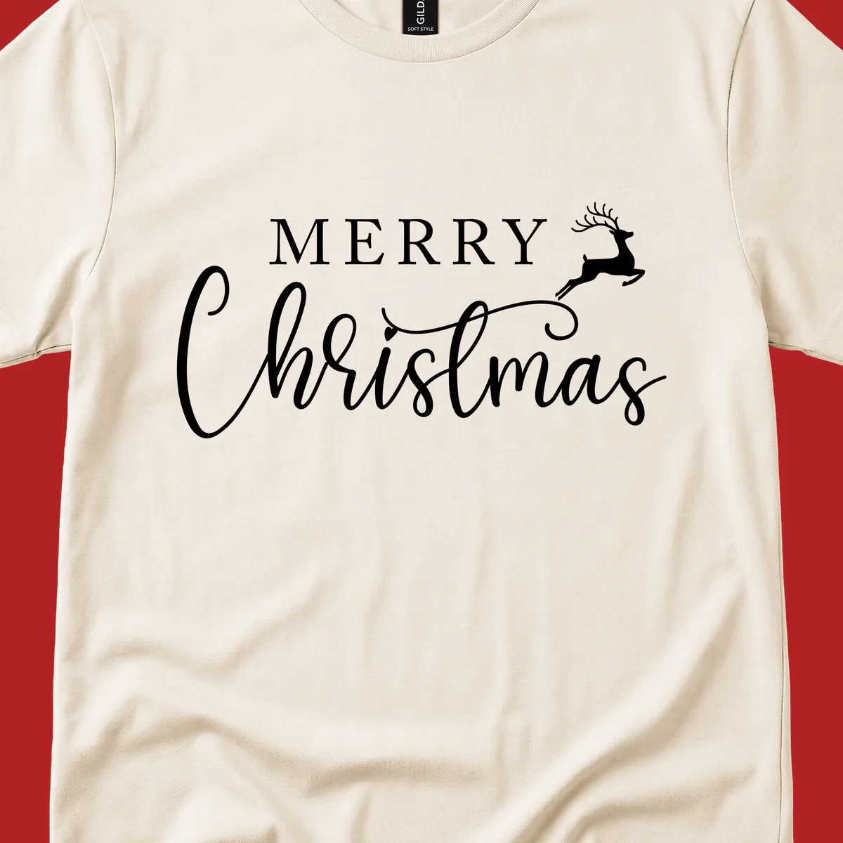 Merry Christmas text with a reindeer illustration, a festive holiday design.