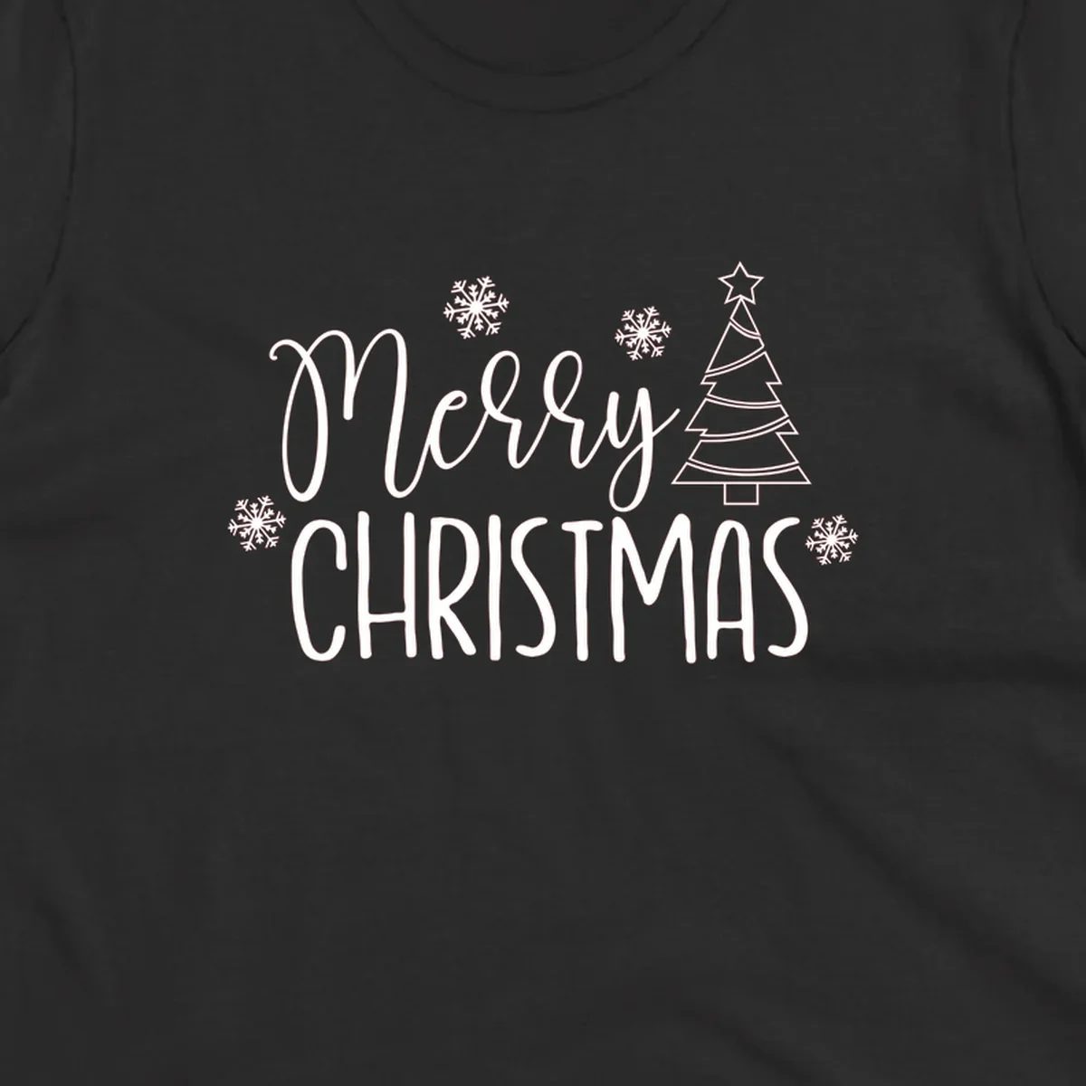 Merry Christmas script and block text with snowflakes and a Christmas tree.