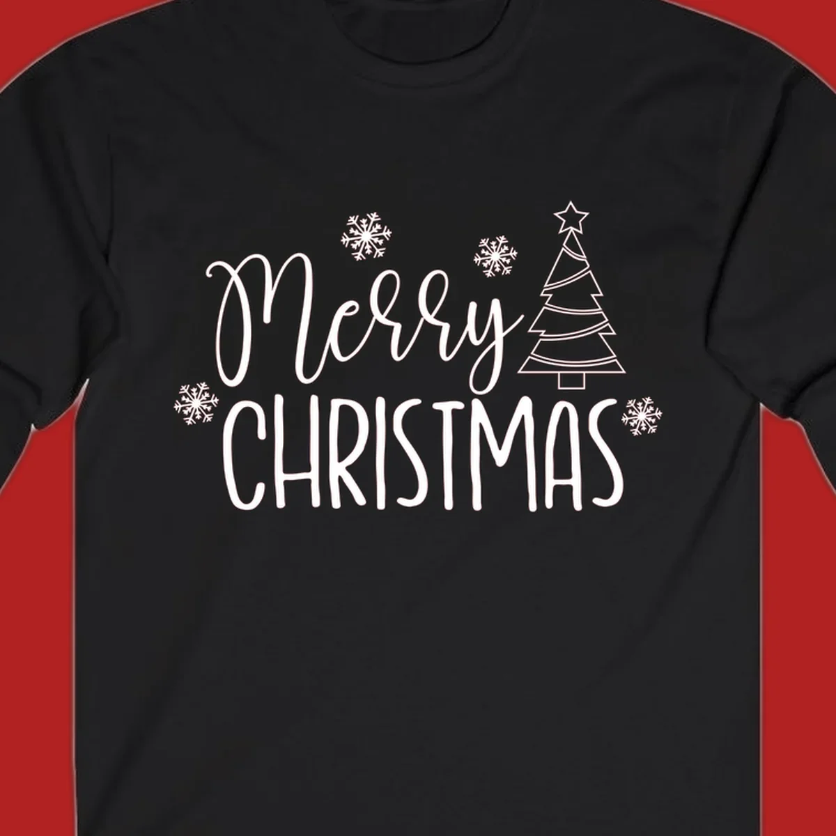 Merry Christmas script and block text with snowflakes and a Christmas tree.