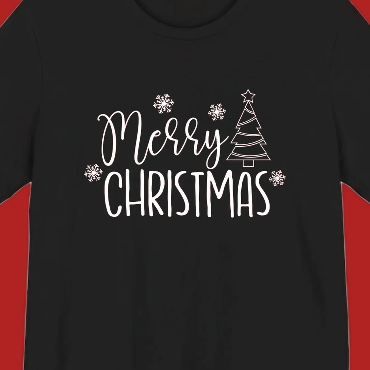Merry Christmas script and block text with snowflakes and a Christmas tree.