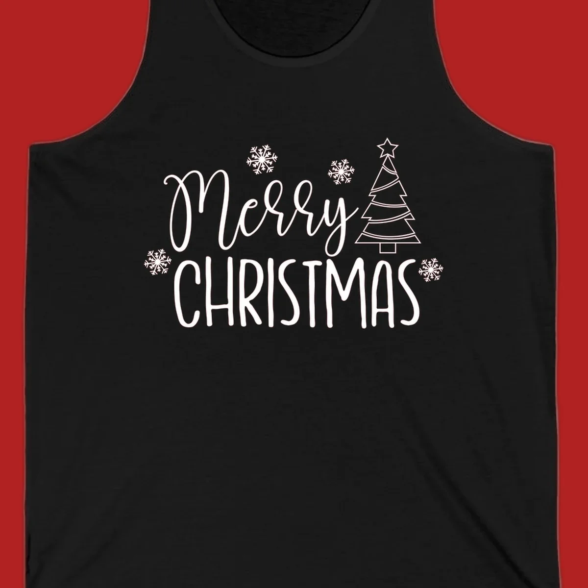 Merry Christmas script and block text with snowflakes and a Christmas tree.