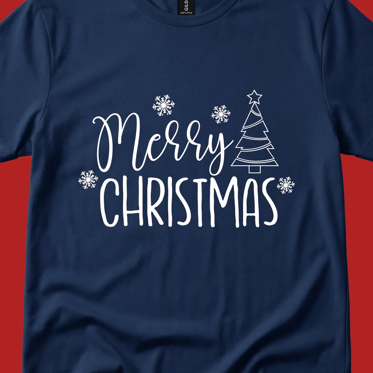Merry Christmas script and block text with snowflakes and a Christmas tree.